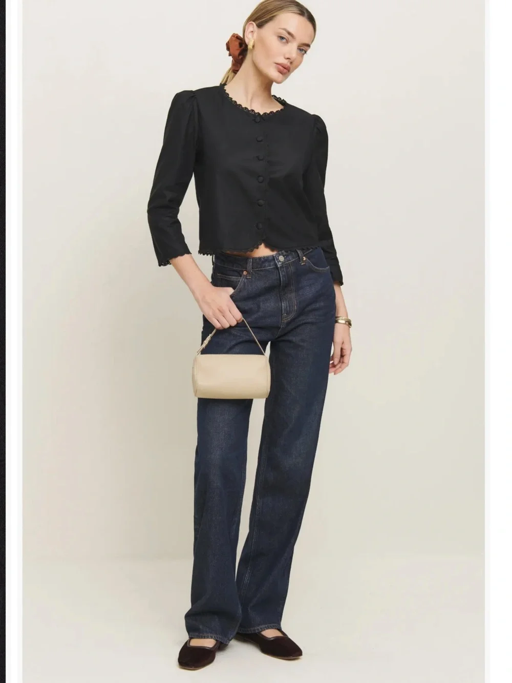 Reformation Black Lace-Trim Button Front Blouse